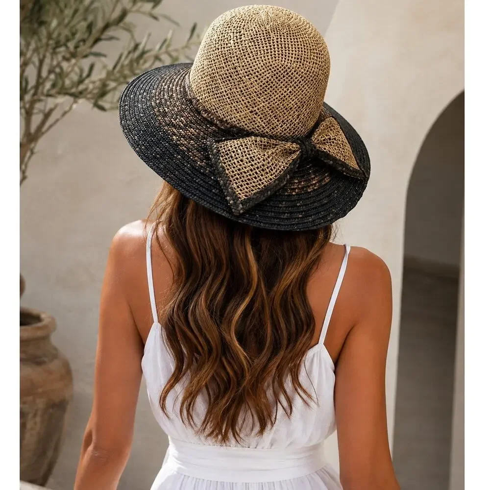 Vintage Natural Fiber Straw Hat Bow Trim Black 21.5